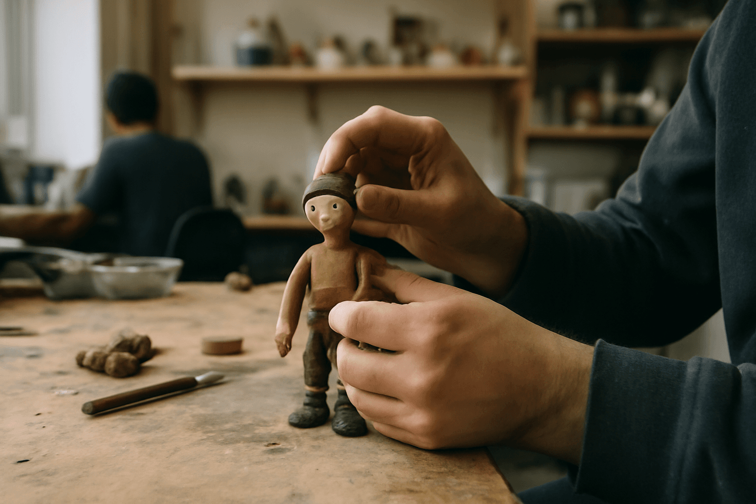 Hands shaping a clay character figure on a modelling bench in a small animation studio workspace.