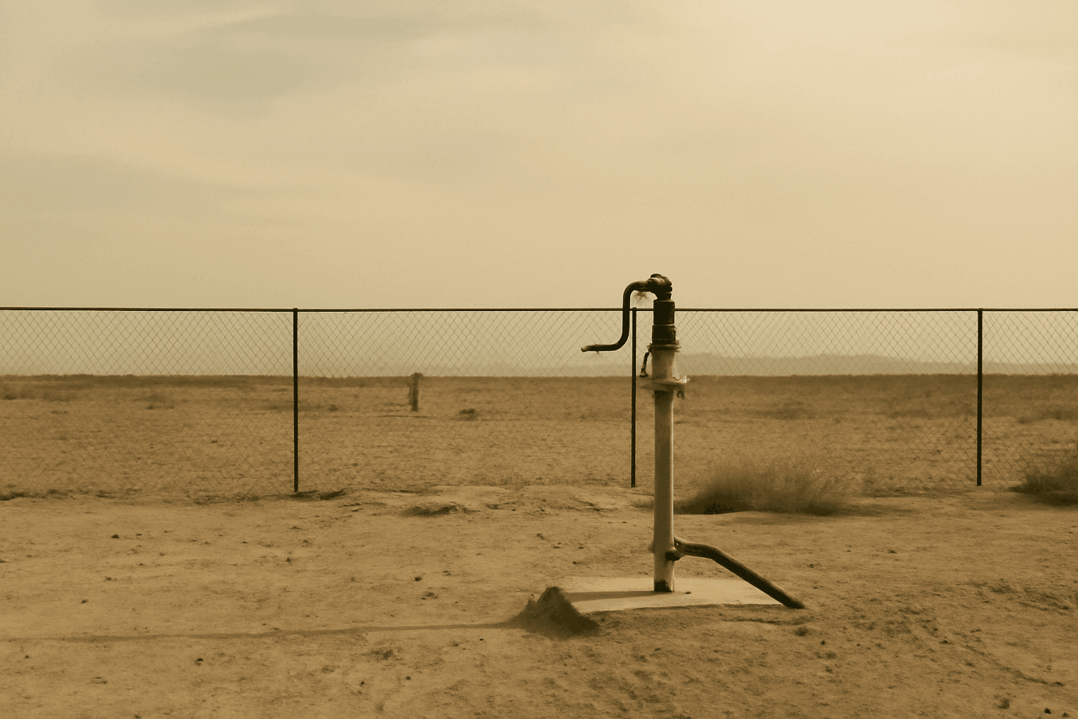 A dry desert lot in Imperial County with a lone water pump standing beside a chain-link fence under a hazy afternoon sky.
