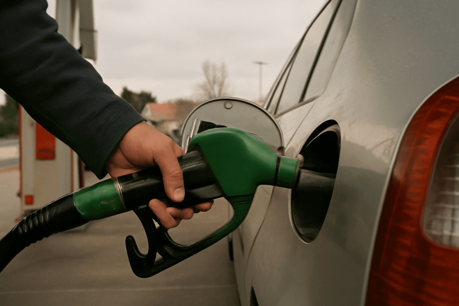 A fuel bowser nozzle resting in a car's filler at a suburban petrol station under overcast skies, a hand reaching in from the edge of the frame.