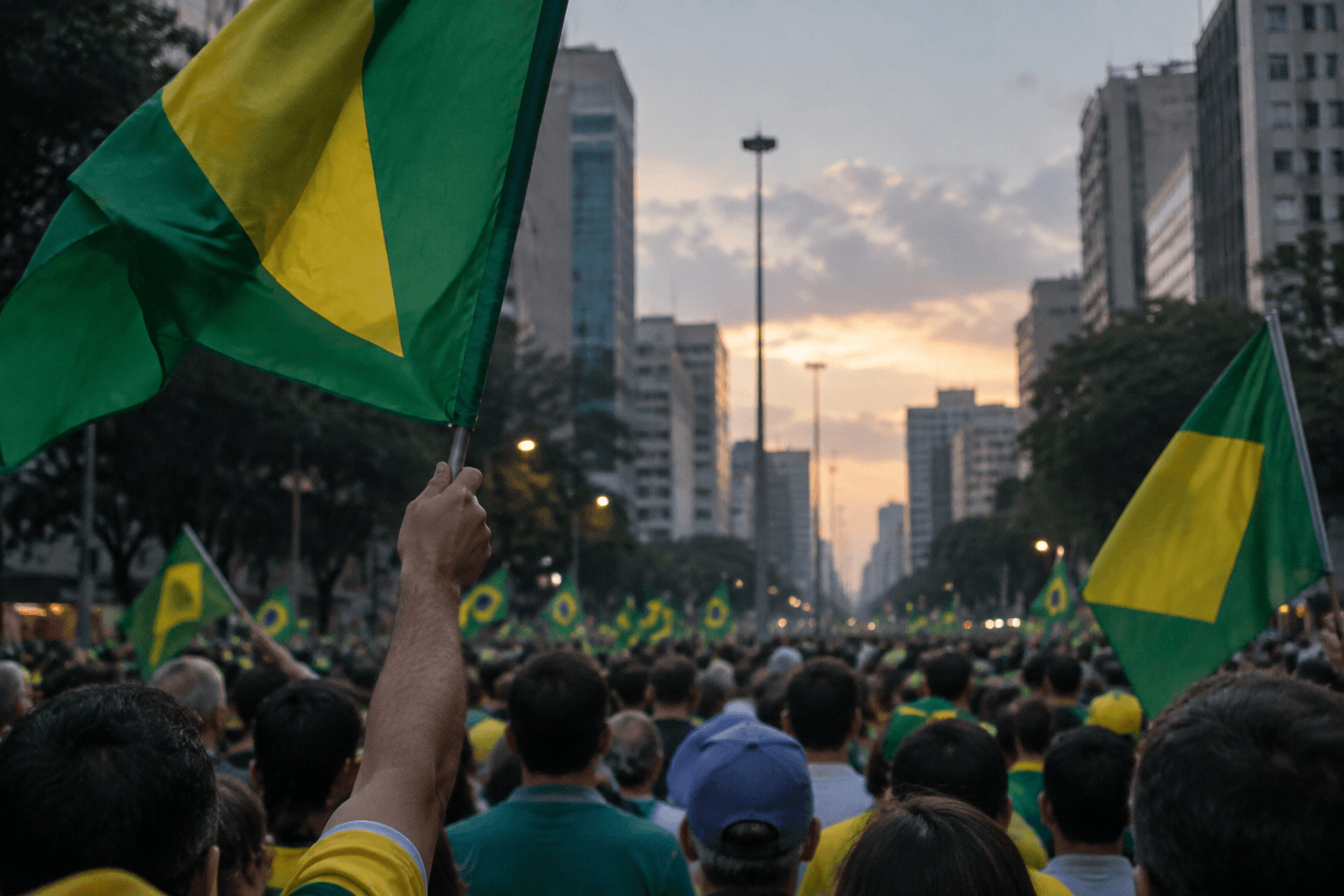 Hands waving green and yellow flags above a dense crowd gathered on a wide São Paulo avenue at dusk, seen from behind the marchers.