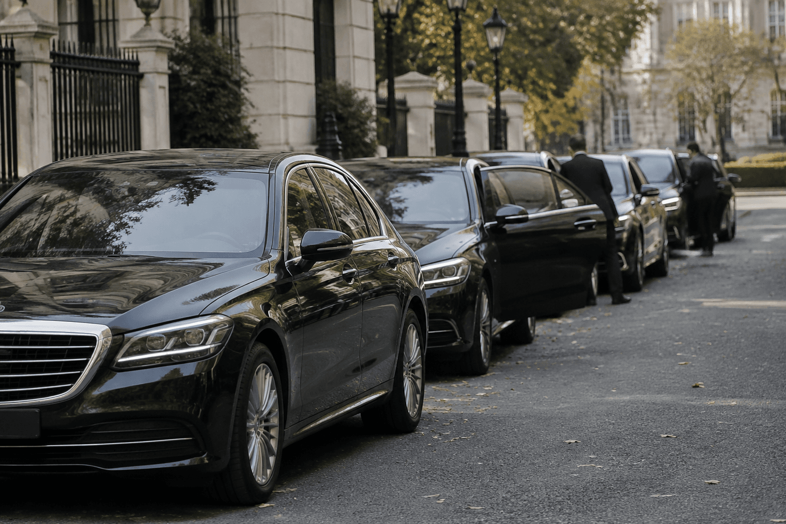 A row of black embassy cars waiting on a wide city street as staff open doors in the background
