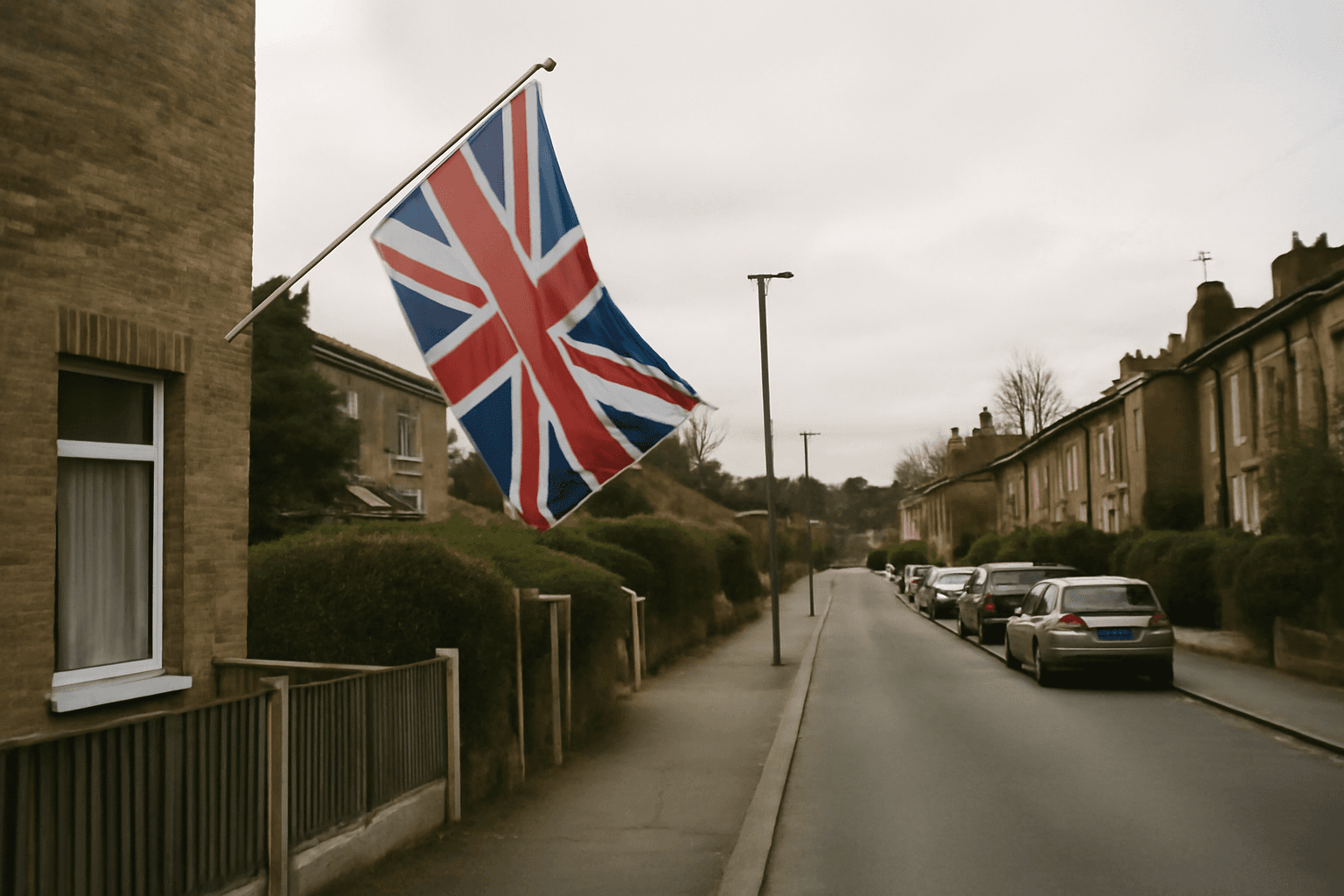 Union Jack flag on a flagpole beside a quieter residential street on an overcast morning