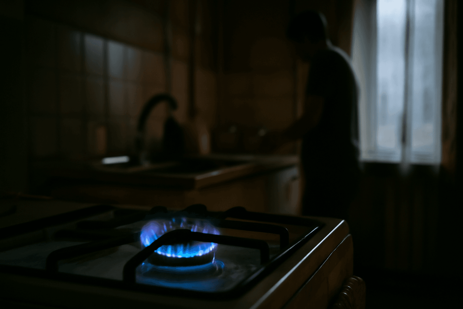 A domestic gas stove ring burning with a low blue flame in a dimly lit apartment kitchen at dusk.