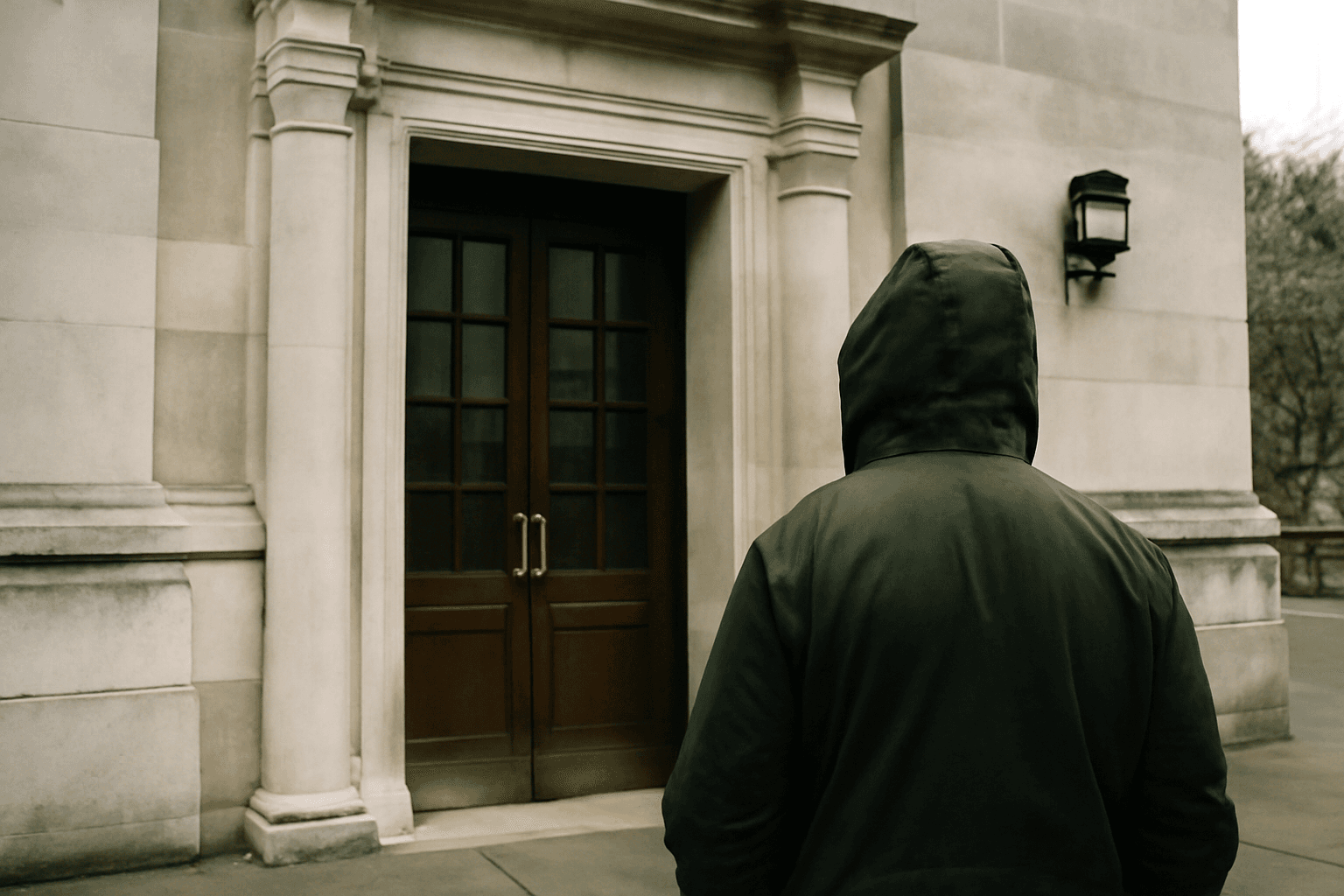 The door of a government office building in London seen from behind a visitor waiting under an overcast sky
