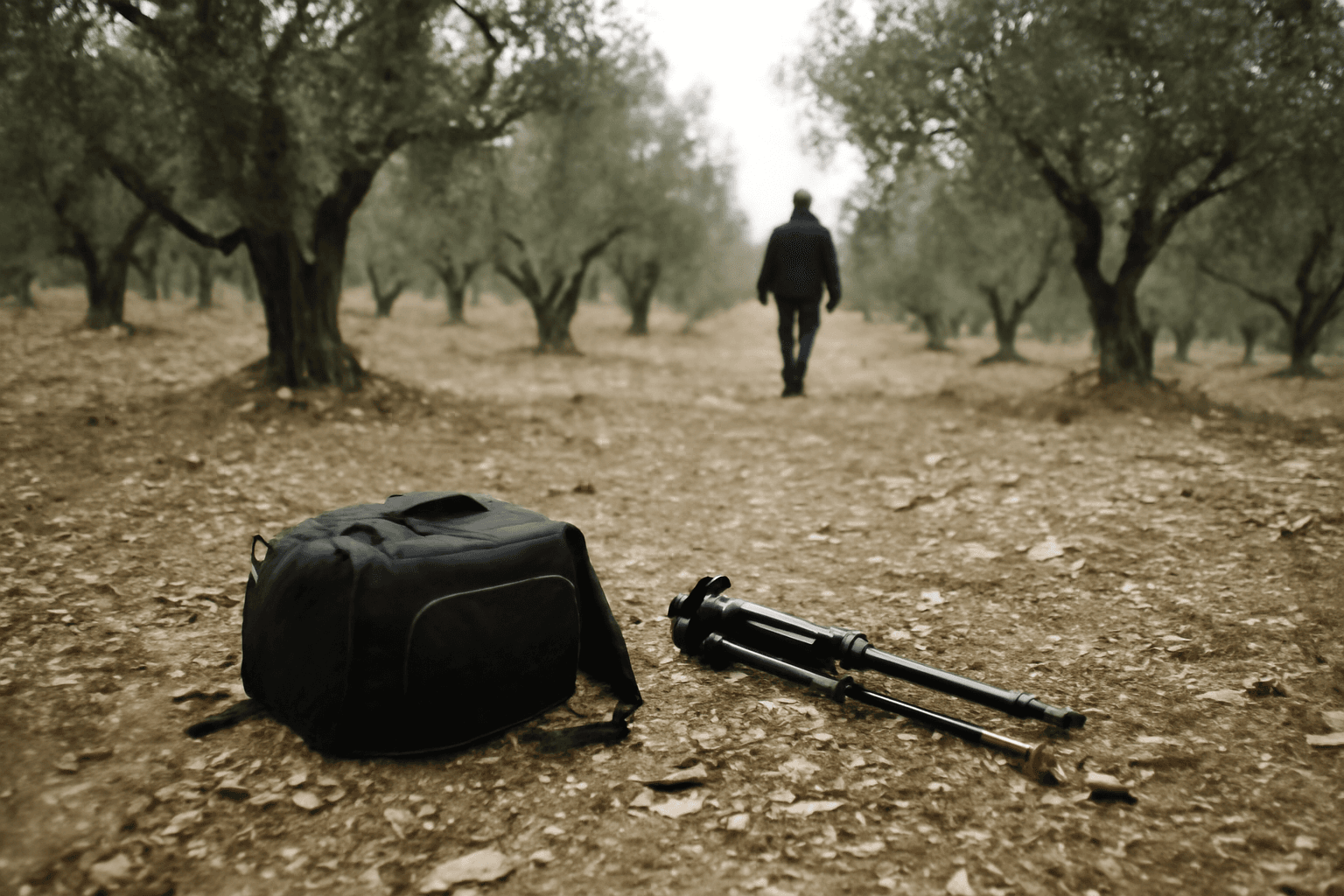 A camera bag and a fallen tripod lie on stony ground in an olive grove, a figure seen from far away walking between the trees.