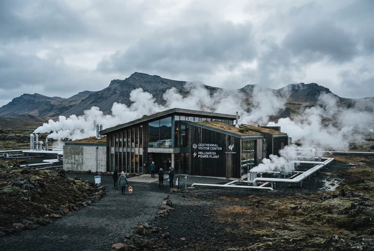 Direct air capture plant in a volcanic landscape